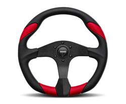 Steering Wheel, Quark, 3-spoke, Black/Red Leather Grip, Black Anodized Aluminum Spokes, 13.780 in. Diameter, Each