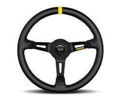 Steering Wheel, MOD 08, 3-spoke, Black Leather Grip, Black Anodized Aluminum Spokes, 13.780 in. Diameter, Each