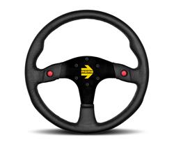 Steering Wheel, MOD 80, 13 3/4 in. Diameter, 6 Bolt, Black Leather Grip, Black Anodized Spokes, 2 Momentary Switches, Sold Individually