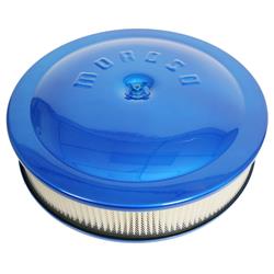 Air Filter Assembly, 14 in. Dia., Round, Aluminum, Blue, 3 in. Filter, Dropped Base, 5 1/8 in. Inlet, Each