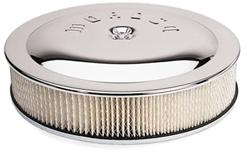 Air Filter Assembly, Flat Bottom, 14 in.Diameter, Round, Steel, Chrome, Moroso Logo, 3 in. Filter Height, Each