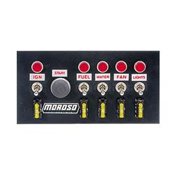 Switch Panel, Steel, Black, 7.75 in. Wide, 4 in. Tall, Fused, 1 Push Button and 5 Toggle Switches, Each