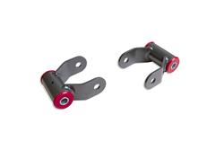 Shackles, Lift, 2 in., Gray Powdercoated, Polyurethane Bushings, Red, Greasable, Ford, Pair