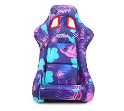 FRP Bucket Seat PRISMA- PINA Version with Purple pearlized back. Violet Tropical print finish in vegan material plus phone pockets. (Large)