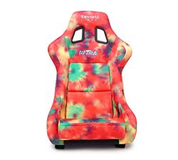 FRP Bucket Seat PRISMA- 60's Tie Dye Edition in vegan mateirla with Purple pealized black plus phone pockets. (Large)