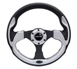 Steering Wheel, Pilota Series, 320mm, Flat, Black Leather Grip, Silver/Black Spoke, Black Stitching, Each