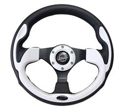 Steering Wheel, Pilota Series, 320mm, Flat, Black Leather Grip, White/Black Spoke, Black Stitching, Each