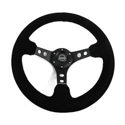 Steering Wheel, Deep Dish, Hole Spokes, 350mm, 3 in. Dish, Black Suede Grip, Black Spoke, Black Stitching, Each