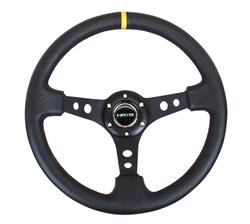 Steering Wheel, Deep Dish, Hole Spokes, 350mm, 3 in. Dish, Black Leather Grip, Black Spoke, Yellow Center Mark, Black Stitching, Each