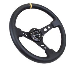 Steering Wheel, Deep Dish, Hole Spokes, 350mm, 3 in. Dish, White Leather Grip, Silver Spoke, Yellow Center Mark, White Stitching, Each