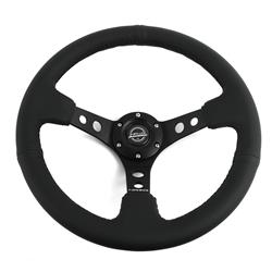 Steering Wheel, Deep Dish, Hole Spokes, 350mm, 3 in. Dish, Black Leather Grip, Black Spoke, Black Stitching, Each