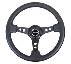 Steering Wheel, Deep Dish, Hole Spokes, 350mm, 3 in. Dish, Red Leather Grip, Black Spoke, Black Center Mark, Black Stitching, Each