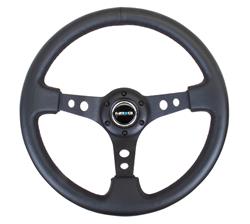 Steering Wheel, Deep Dish, Hole Spokes, 350mm, 3 in. Dish, White Leather Grip, Black Spoke, Black Center Mark, Black Stitching, Each