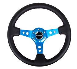 Steering Wheel, Deep Dish, Hole Spokes, 350mm, 3 in. Dish, Black Leather Grip, Blue Spoke, Black Stitching, Each