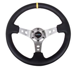 Steering Wheel, Deep Dish, Hole Spokes, 350mm, 3 in. Dish, Black Leather Grip, Gray Spoke, Yellow Center Mark, Black Stitching, Each