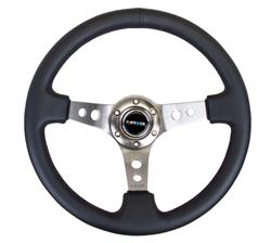 Steering Wheel, Deep Dish, Hole Spokes, 350mm, 3 in. Dish, Black Leather Grip, Gray Spoke, Black Stitching, Each