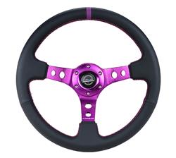 Steering Wheel, Deep Dish, Hole Spokes, 350mm, 3 in. Dish, Black Leather Grip, Purple Spoke, Purple Center Mark, Purple Stitching, Each