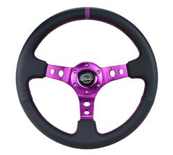 Steering Wheel, Deep Dish, Hole Spokes, 350mm, 3 in. Dish, Black Suede Grip, Purple Spoke, Purple Center Mark, Purple Stitching, Each