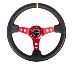 Steering Wheel, Deep Dish, Hole Spokes, 350mm, 3 in. Dish, Black Leather Grip, Red Spoke, Yellow Center Mark, Black Stitching, Each