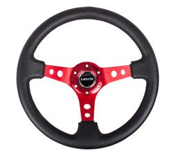 Steering Wheel, Deep Dish, Hole Spokes, 350mm, 3 in. Dish, Black Leather Grip, Red Spoke, Black Stitching, Each