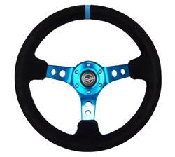 Steering Wheel, Deep Dish, Hole Spokes, 350mm, 3 in. Dish, Black Suede Grip, Black Spoke, Yellow Center Mark, Black Stitching, Each