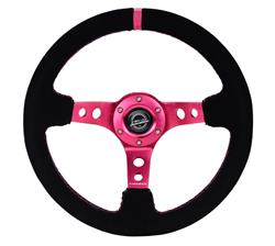 Steering Wheel, Deep Dish, Hole Spokes, 350mm, 3 in. Dish, Black Suede Grip, Fushia Spoke, Fushia Center Mark, Fushia Stitching, Each