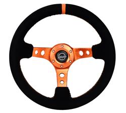 Steering Wheel, Deep Dish, Hole Spokes, 350mm, 3 in. Dish, Black Suede Grip, Orange Spoke, Orange Center Mark, Orange Stitching, Each