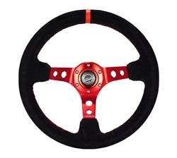 Steering Wheel, Deep Dish, Hole Spokes, 350mm, 3 in. Dish, Black Suede Grip, Red Spoke, Red Center Mark, Red Stitching, Each