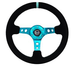 Steering Wheel, Deep Dish, Hole Spokes, 350mm, 3 in. Dish, Black Suede Grip, Teal Spoke, Teal Center Mark, Teal Stitching, Each