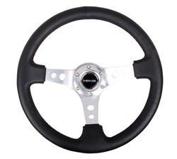 Steering Wheel, Deep Dish, Hole Spokes, 350mm, 3 in. Dish, Black Leather Grip, Silver Spoke, Black Stitching, Each