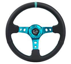 Steering Wheel, Deep Dish, Hole Spokes, 350mm, 3 in. Dish, Black Leather Grip, Teal Spoke, Teal Center Mark, Teal Stitching, Each