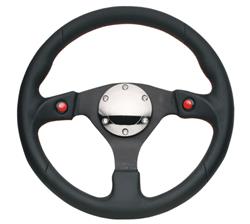 Steering Wheel, Dual Button, 320mm, Flat, Black Leather Grip, Black Spoke, Red Stitching, Each