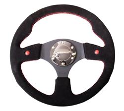 Steering Wheel, Dual Button, 320mm, Flat, Black Suede Grip, Black Spoke, Red Stitching, Each