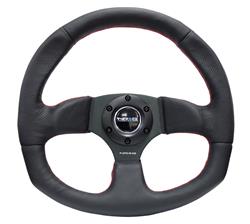 Steering Wheel, Flat Bottom, 320mm, Flat, Black Leather Grip, Black Spoke, Red Stitching, Each