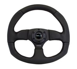 Steering Wheel, Flat Bottom, 320mm, Flat, Black Leather Grip, Black Spoke, Black Stitching, Each