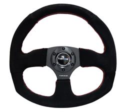 Steering Wheel, Flat Bottom, 320mm, Flat, Black Suede Grip, Black Spoke, Red Stitching, Each