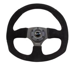 Steering Wheel, Flat Bottom, 320mm, Flat, Black Suede Grip, Black Spoke, Black Stitching, Each