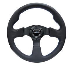 Steering Wheel, NRG Racing, 320mm, Flat, Black Leather Grip, Black Spoke, Blue Stitching, Each