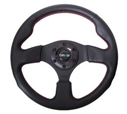 Steering Wheel, NRG Racing, Racing Style, 320mm, Black Leather Grip, Black Spoke, Red Stitching, Each