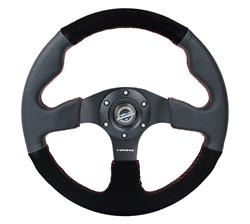 Steering Wheel, NRG Racing, 320mm, Flat, Black Leather/Alcantara Grip, Black Spoke, Red Stitching, Each