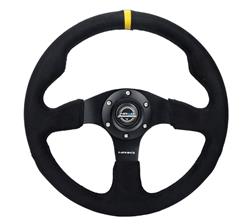 Steering Wheel, NRG Racing, 320mm, Flat, Black Alcantara Grip, Black Spoke, Yellow Center Mark, Black Stitching, Each