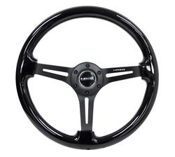 Steering Wheel, Deep Dish, Slit Spokes, 350mm, 3 in. Dish, Black Wood Grip, Black Spoke, Each