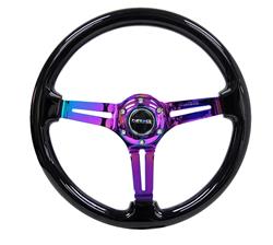 Steering Wheel, Deep Dish, Slit Spokes, 350mm, 3 in. Dish, Black Wood Grip, Neo-chrome Spoke, Each