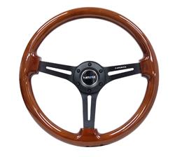 Steering Wheel, Deep Dish, Slit Spokes, 350mm, 3 in. Dish, Wood Grip, Black Spoke, Each