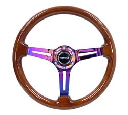Steering Wheel, Deep Dish, Slit Spokes, 350mm, 3 in. Dish, Wood Grip, Neo-chrome Spoke, Each