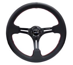 Steering Wheel, Deep Dish, Slit Spokes, 350mm, 3 in. Dish, Black Leather Grip, Black Spoke, Red Stitching, Each