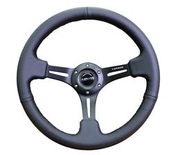 Steering Wheel, Deep Dish, Slit Spokes, 350mm, 3 in. Dish, Black Leather Grip, Black Spoke, Black Stitching, Each