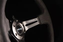 Steering Wheel, Deep Dish, Slit Spokes, 350mm, 3 in. Dish, Black Alcantara Grip, Black Spoke, Black Stitching, Each