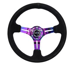 Steering Wheel, Deep Dish, Slit Spokes, 350mm, 3 in. Dish, Black Suede Grip, Neo-chrome Spoke, Black Stitching, Each