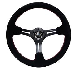 Steering Wheel, Deep Dish, Slit Spokes, 350mm, 3 in. Dish, Black Suede Grip, Black Spoke, Red Stitching, Each